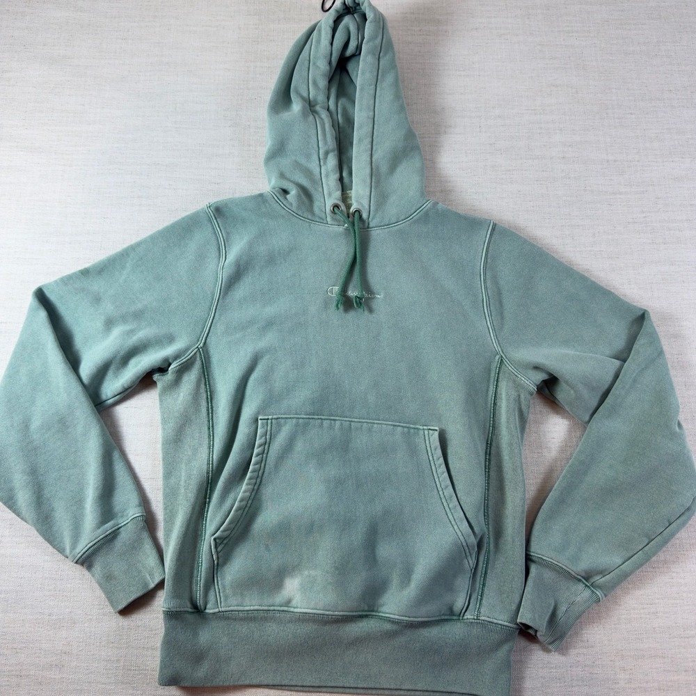 Champion Reverse Weave Hoodie Mens S Sage Green Garment Dyed Embroidered Logo